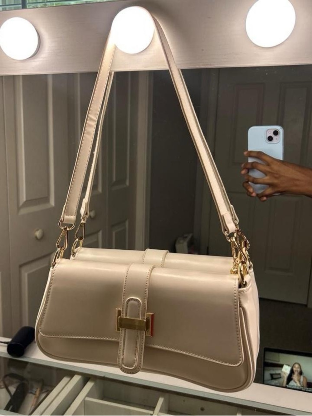 Cream Shoulder Bag with Gold Hardware
